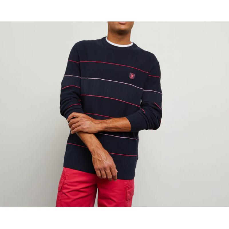 PULL BLEU FONCE RAYE EN JEU DE MAILLE