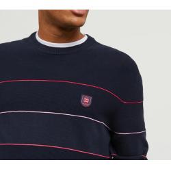 PULL BLEU FONCE RAYE EN JEU DE MAILLE