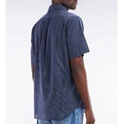 Chemise à manches courtes à microcarreaux en coton indigo coupe droite