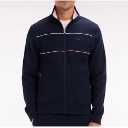 Sweatshirt zippé en coton stretch marine passepoil contrastés coupe droite