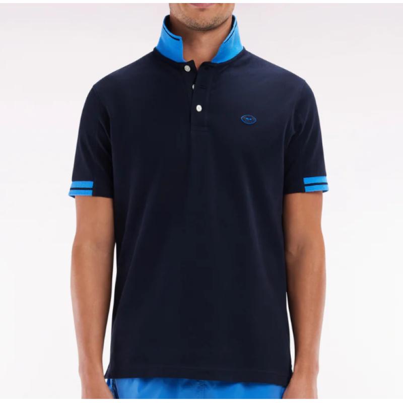 Polo à manches courtes en coton marine détails colorés coupe décontractée
