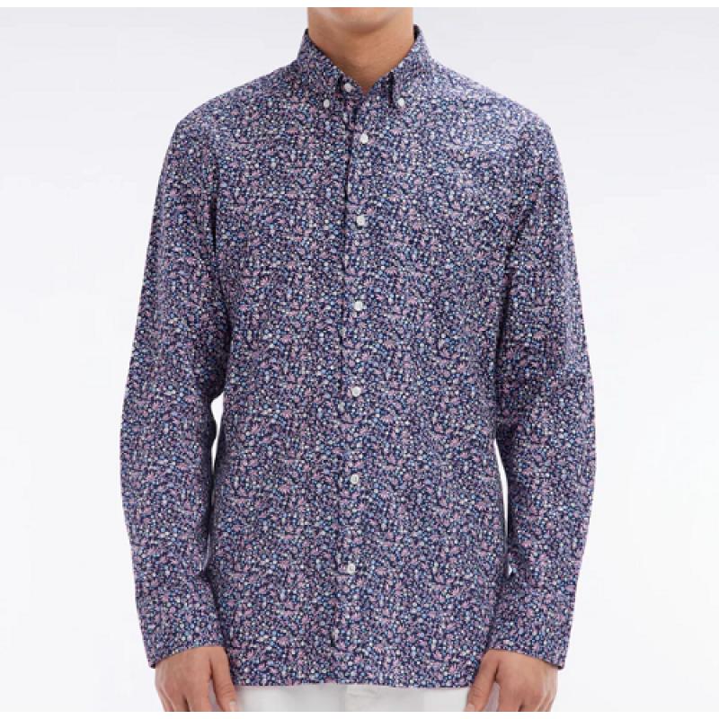 Chemise en popeline de coton marine à microimprimé floral coupe droite Chemise en popeline de coton marine à microimprimé floral coupe droite
