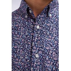 Chemise en popeline de coton marine à microimprimé floral coupe droite