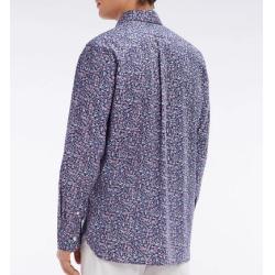 Chemise en popeline de coton marine à microimprimé floral coupe droite