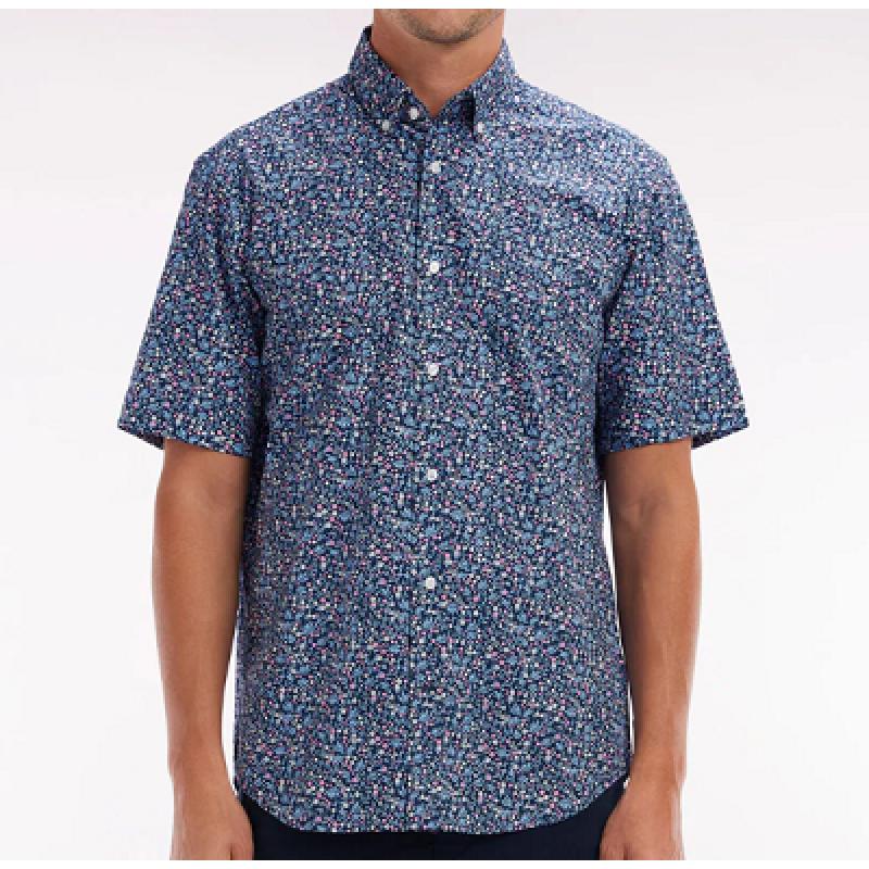 Chemise à manches courtes en coton marine microimprimé fleurs coupe droite Chemise à manches courtes en coton marine microimprimé fleurs coupe droite