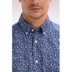 Chemise à manches courtes en coton marine microimprimé fleurs coupe droite