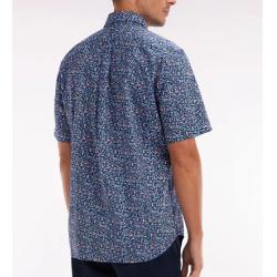 Chemise à manches courtes en coton marine microimprimé fleurs coupe droite