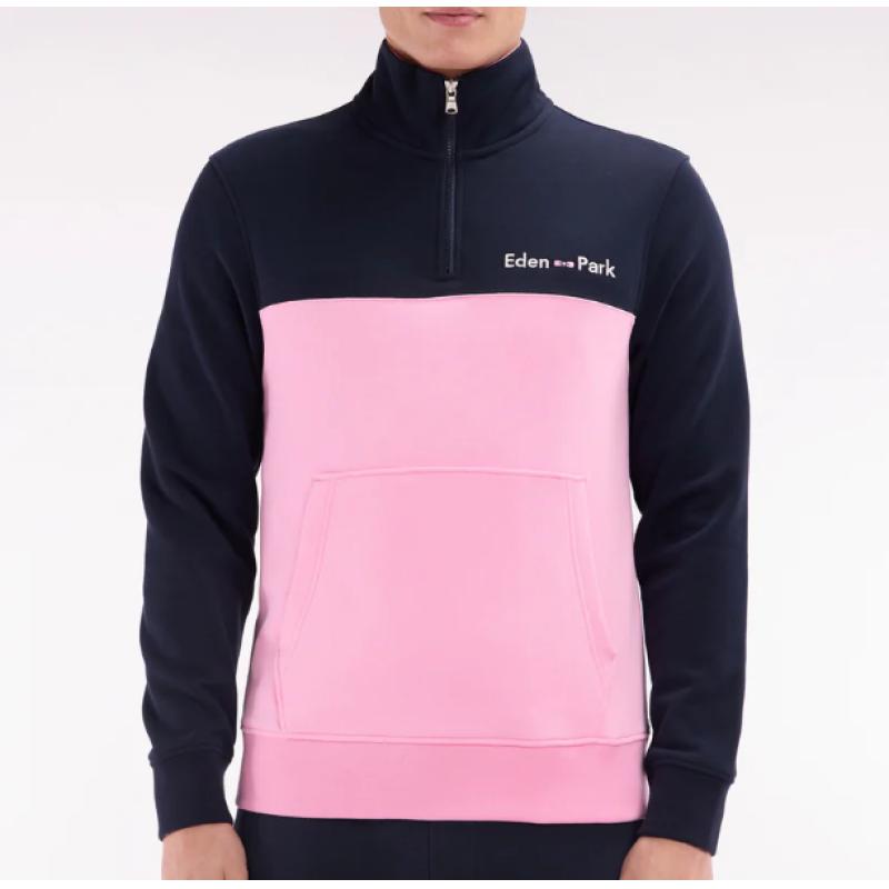 Sweatshirt à col camionneur en coton bicolore rose et marine coupe droite