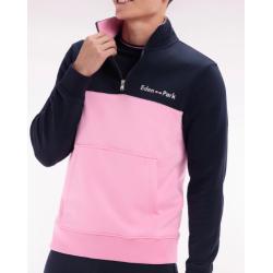 Sweatshirt à col camionneur en coton bicolore rose et marine coupe droite