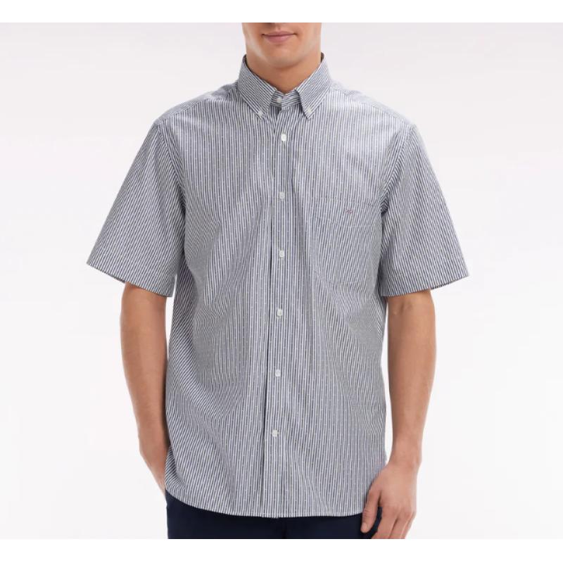 Chemise à manches courtes en coton tissage jacquard rayé coupe droite