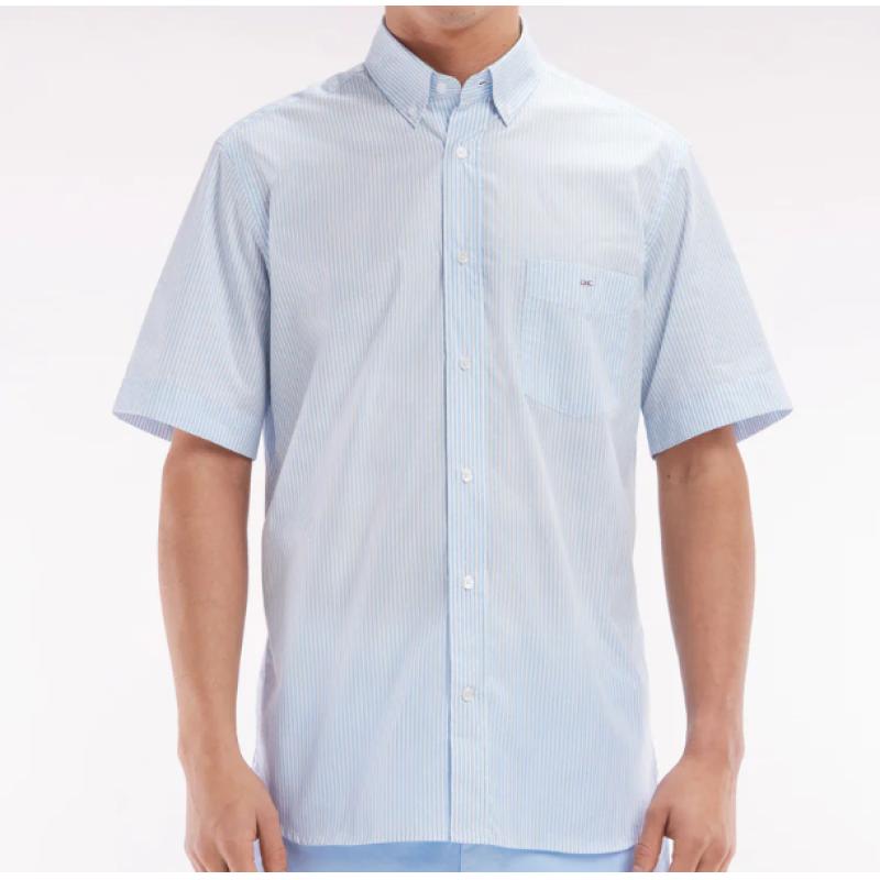 Chemise à manches courtes en coton tissage jacquard rayé coupe droite