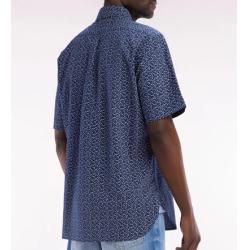 Chemise à manches courtes en popeline de coton marine micromotif noeud papillon coupe droite