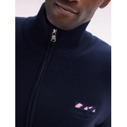 Cardigan zippé en coton marine à broderie nœud papillon cerclée coupe droit