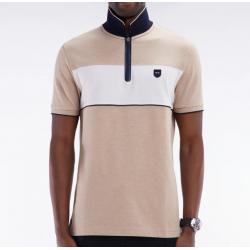 Polo à manches courtes en piqué de coton chiné stretch beige détails contrastés coupe ajustée