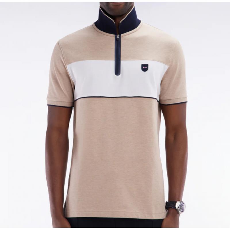 Polo à manches courtes en piqué de coton chiné stretch beige détails contrastés coupe ajustée