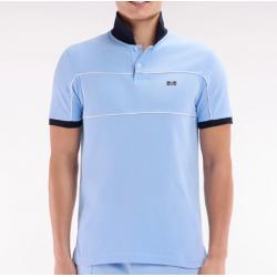 Polo à manches courtes en coton marine découpes passepoilées coupe droite