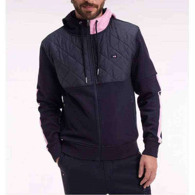 Sweatshirt zippé en interlock bimatière matelassé marine et rose