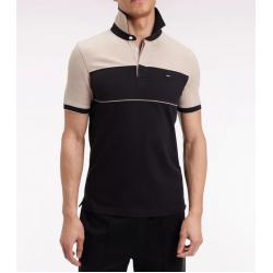 Polo bicolore manches courtes en piqué coton stretch noir coupe slim