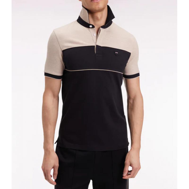Polo bicolore manches courtes en piqué coton stretch noir coupe slim