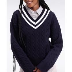 Pull cricket col V en laine et coton marine coupe Oversized
