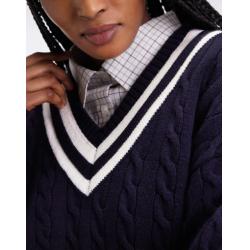 Pull cricket col V en laine et coton marine coupe Oversized