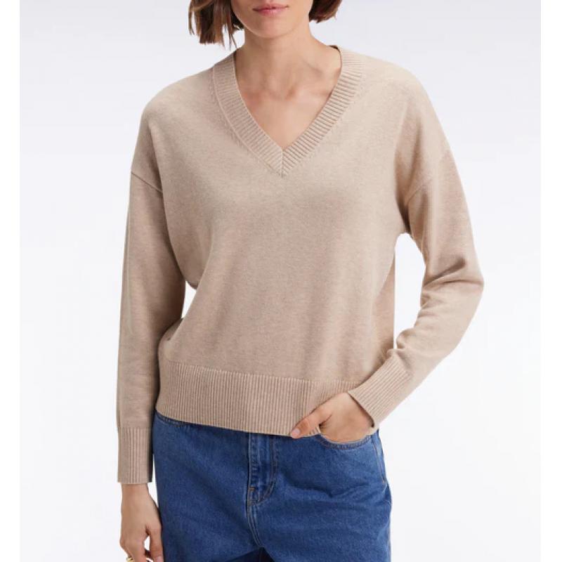 Pull à col V en laine et coton beige coupe Relaxed