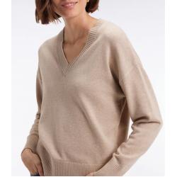 Pull à col V en laine et coton beige coupe Relaxed