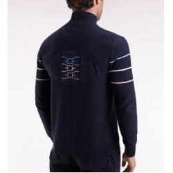 Cardigan zippé en coton marine à liserés colorés coupe droite