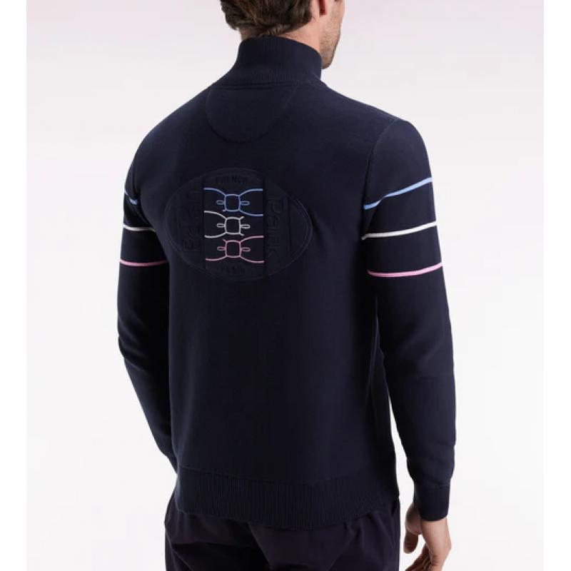 Cardigan zippé en coton marine à liserés colorés coupe droite