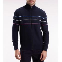Cardigan zippé en coton marine à liserés colorés coupe droite