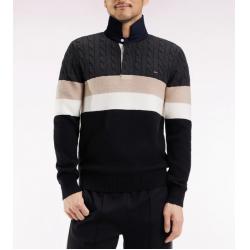 Pull col maillot en laine et coton torsadé noir et gris