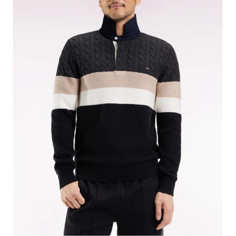 Pull col maillot en laine et coton torsadé noir et gris