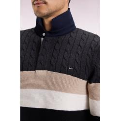 Pull col maillot en laine et coton torsadé noir et gris