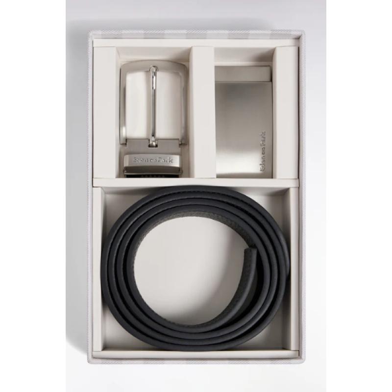 Coffret ceinture en cuir réversible et boucles en métal argenté