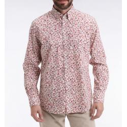 Chemise en popeline de coton à micro-motifs fleurs rouge coupe droite