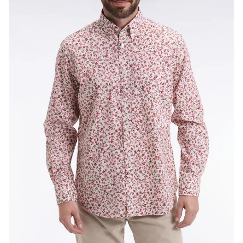 Chemise en popeline de coton à micro-motifs fleurs rouge coupe droite
