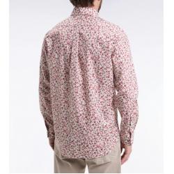 Chemise en popeline de coton à micro-motifs fleurs rouge coupe droite