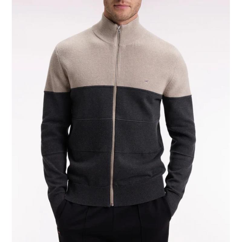 Cardigan zippé en coton bicolore beige et gris coupe droite