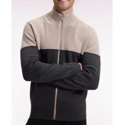 Cardigan zippé en coton bicolore beige et gris coupe droite