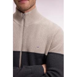 Cardigan zippé en coton bicolore beige et gris coupe droite