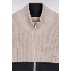 Cardigan zippé en coton bicolore beige et gris coupe droite