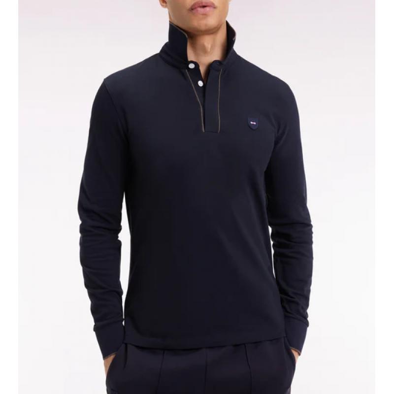 Polo à manches longues en coton stretch marine passepoilé coupe slim