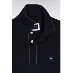 Polo à manches longues en coton stretch marine passepoilé coupe slim