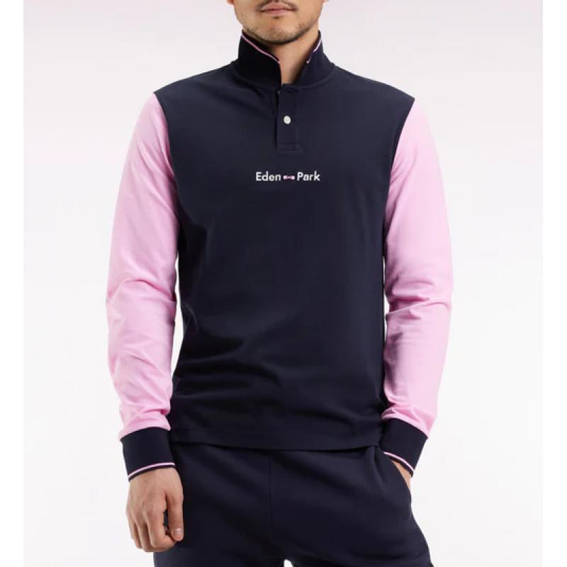 Polo à manches longues en piqué coton bicolore rose logo Eden Park