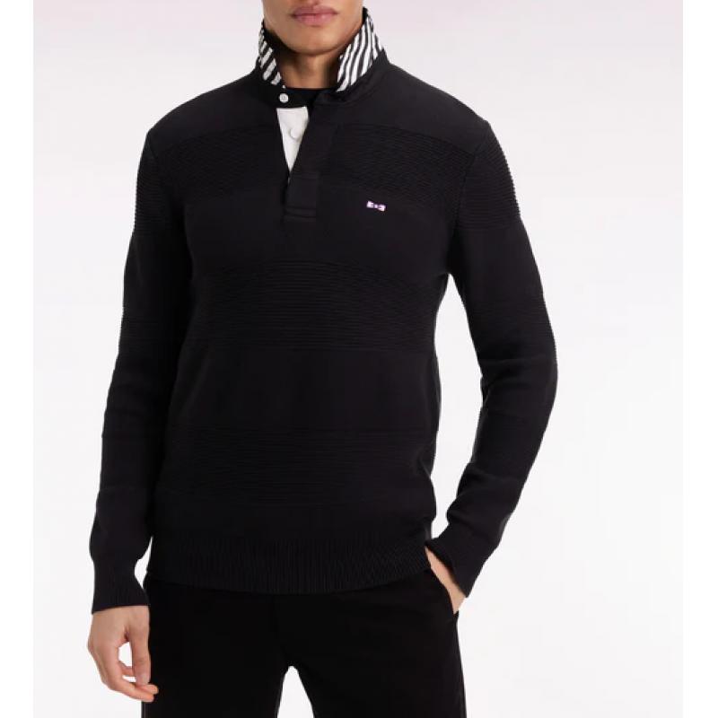 Pull col maillot en coton noir à effet de rayure