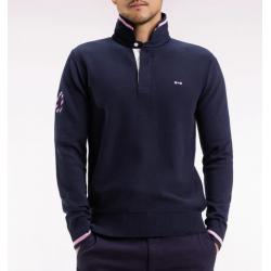 Pull col maillot en coton marine broderie 10