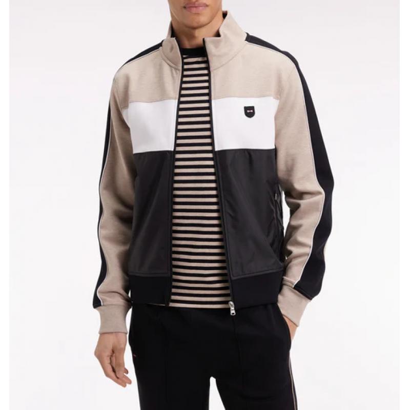 Sweat zippé bimatière en nylon matelassé beige Sweat zippé bimatière en nylon matelassé beige
