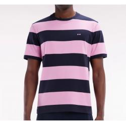 T-shirt cerclé en coton Pima marine et rose coupe droite