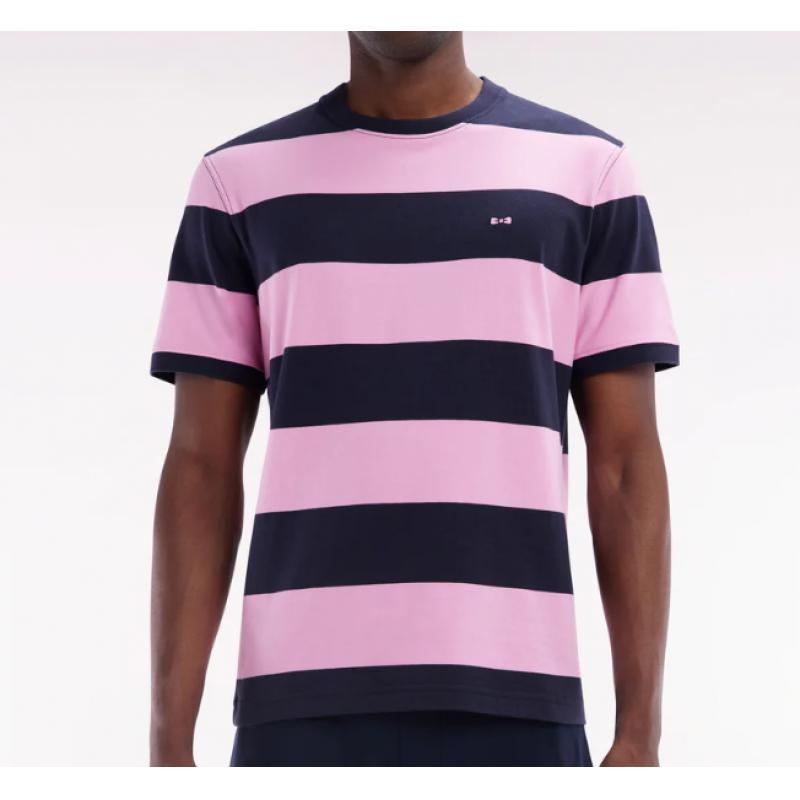 T-shirt cerclé en coton Pima marine et rose coupe droite
