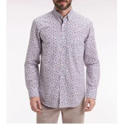Chemise en coton beige à micro-motifs fleurs coupe droite